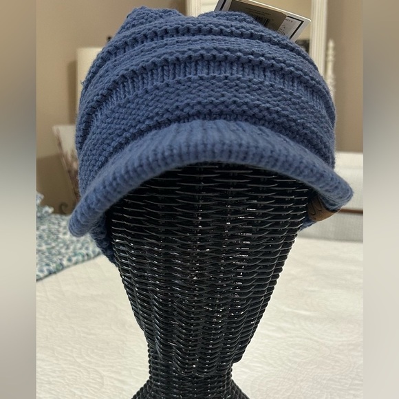 NWT. C. C. Blue Messy Bun/ Pony Tail Beanie Hat. - Picture 1 of 5